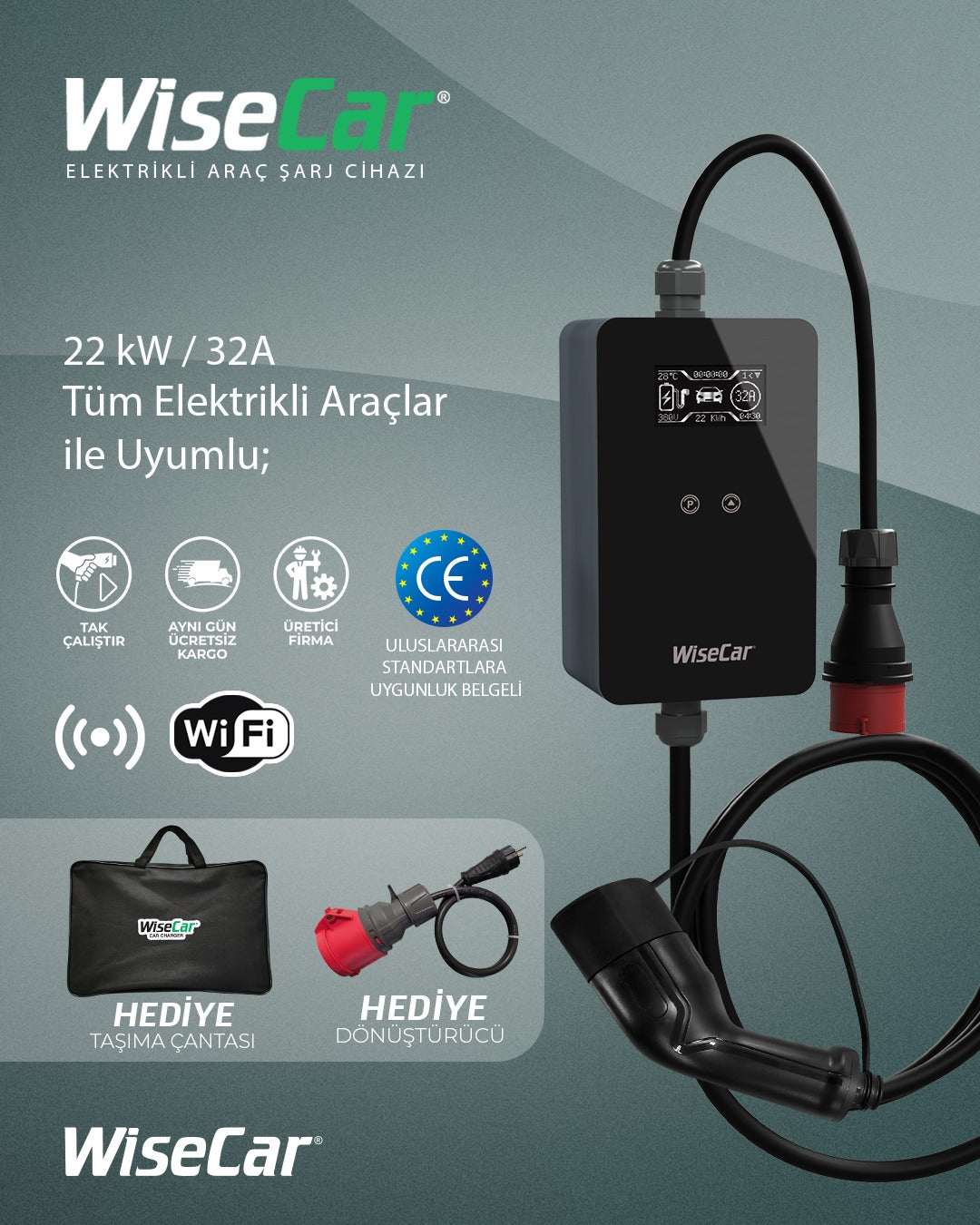WiseCar WTP3 22 & 11 kW 人工智能驱动便携式智能电动汽车充电器|手机应用 & WiseCar AI