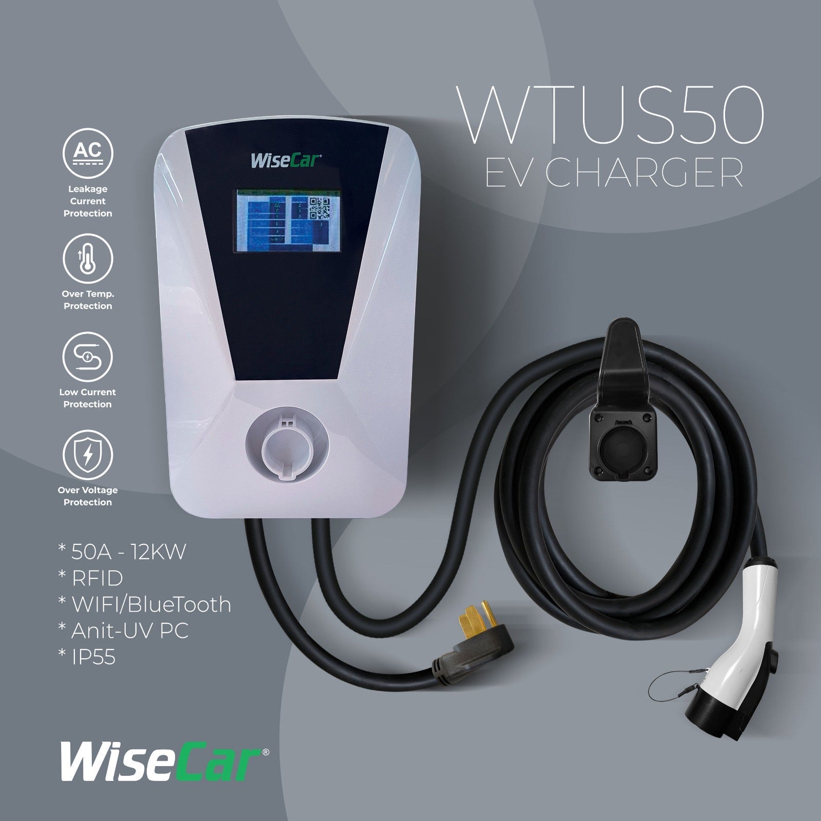 WiseCar Wallbox WTUS 50 Amp 12 kW EV Charging Wifi + Bluetooh + APP + With 5m Cable WiseCar