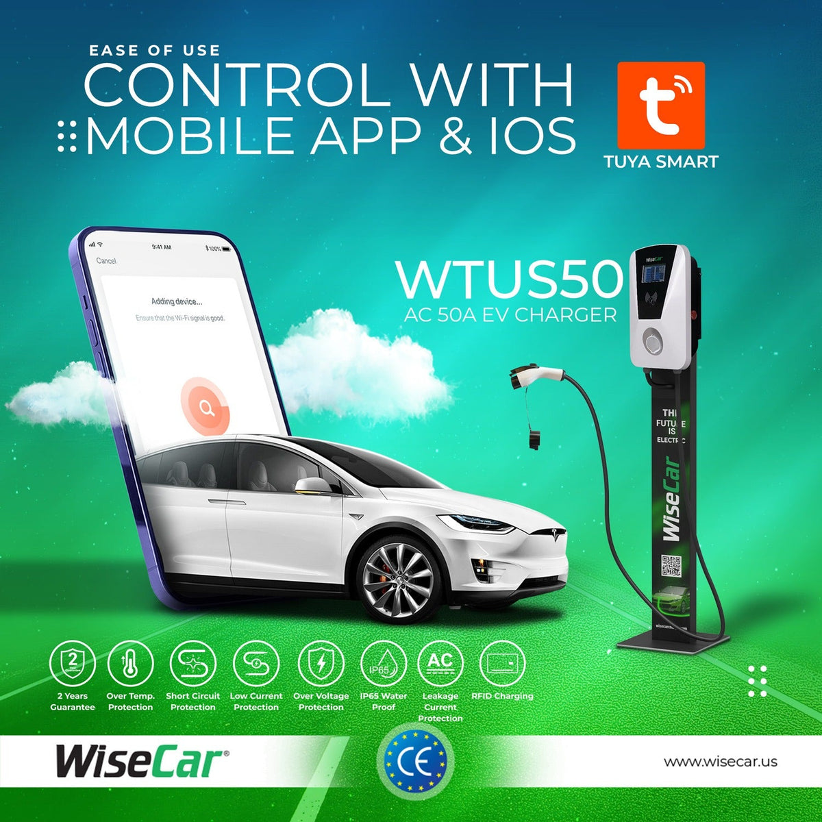 WiseCar Wallbox WTUS 50 A 12 kW 电动汽车充电器 Wi-Fi + Bluetooth + 手机应用 + 5 m 充电线 WiseCar
