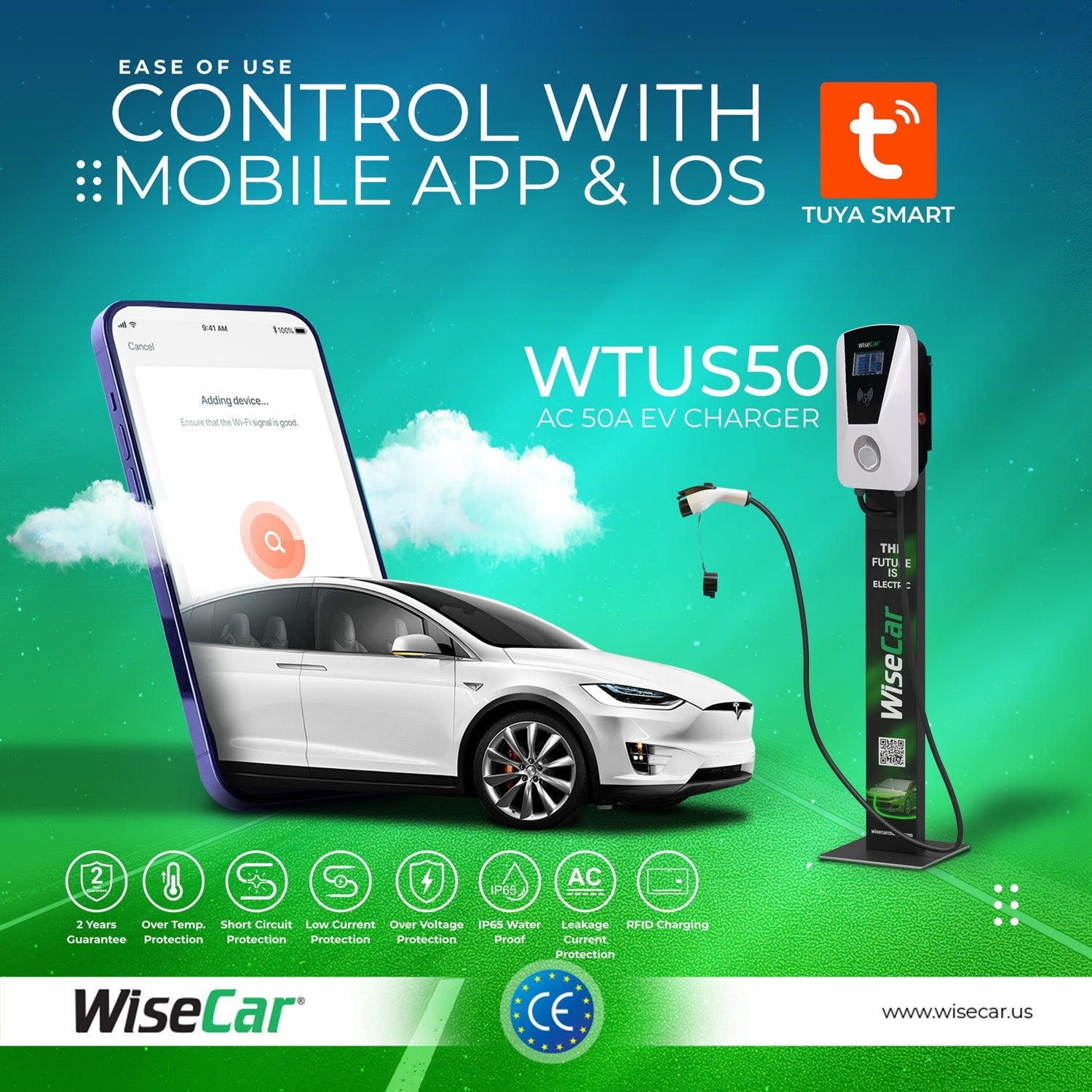 WiseCar Wallbox WTUS 50 Amp 12 kW EV Charging Wifi + Bluetooh + APP + With 5m Cable WiseCar