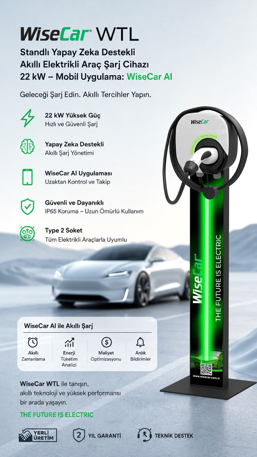 WiseCar WTL Pedestal – AI-Powered Smart Electric Vehicle Charger | 22 kW | Mobile App & WiseCar AI