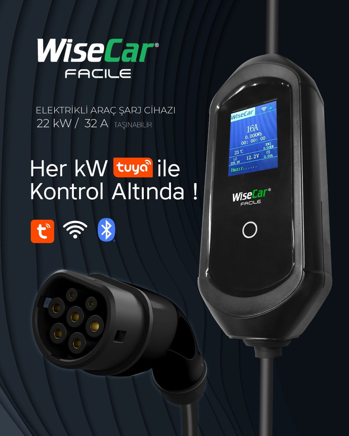 WiseCar Facile 22 kW 32A Portable Electric Vehicle Charger with Mobile App Tuya Smart WiFi + Bluetooth