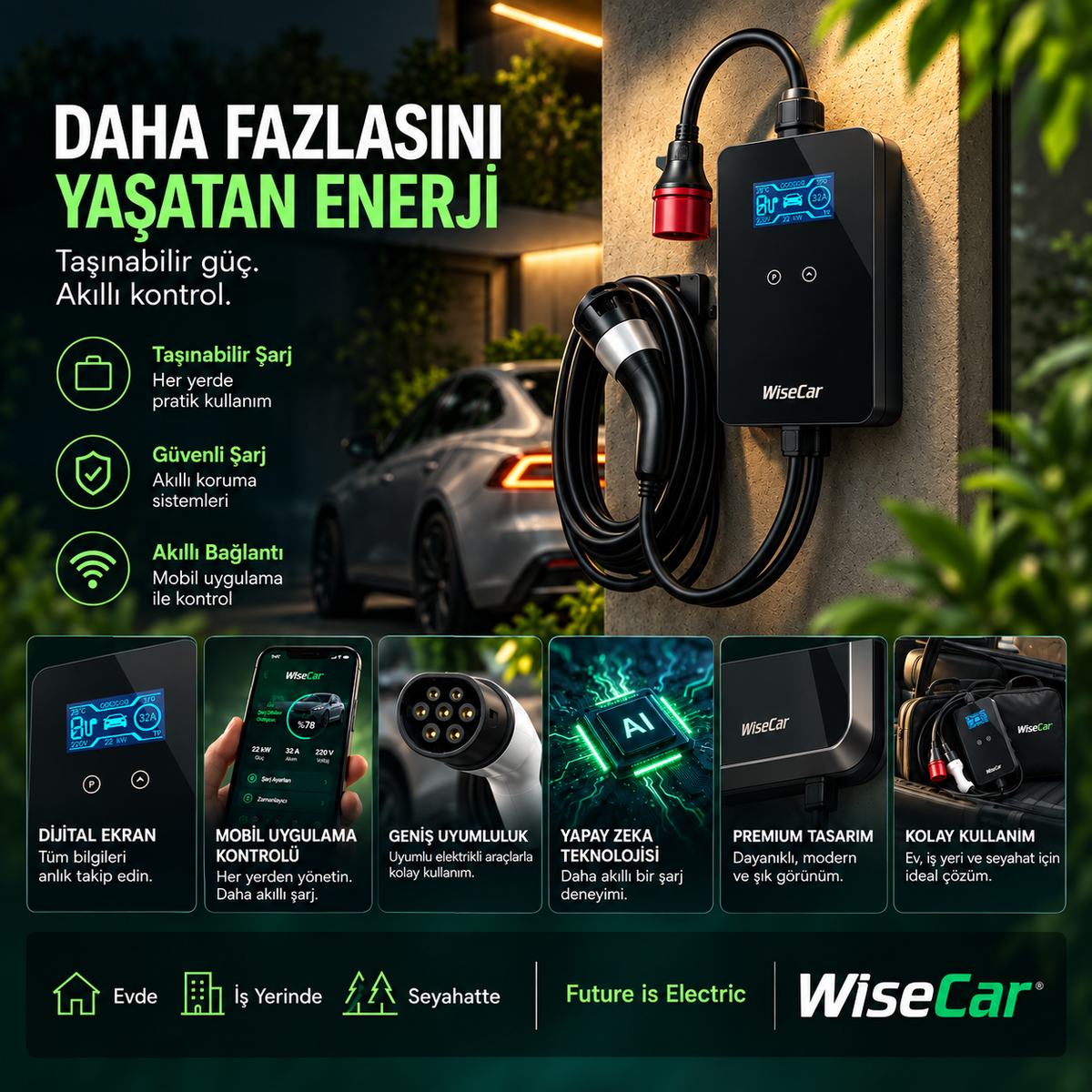 WiseCar WTP3 22 & 11 kW 人工智能驱动便携式智能电动汽车充电器|手机应用 & WiseCar AI