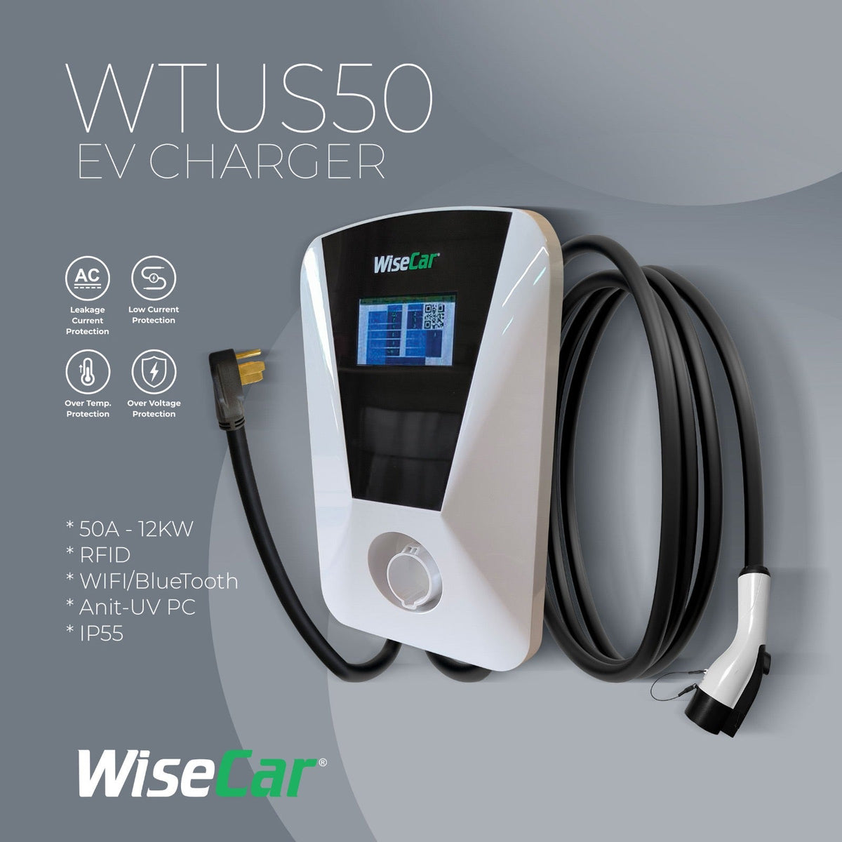 WiseCar Wallbox WTUS 50 A 12 kW 电动汽车充电器 Wi-Fi + Bluetooth + 手机应用 + 5 m 充电线 WiseCar