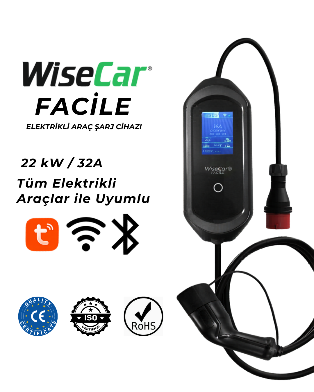 WiseCar Facile 22 كيلو واط 32A جهاز شحن كهربائي محمول مع تطبيق موبايل Tuya Smart WiFi + Bluetooth