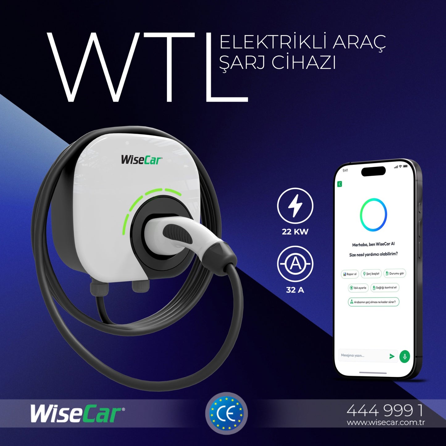 WiseCar WTL – AI-Powered Smart Electric Vehicle Charger | 22 kW | Mobile App &amp; WiseCar AI