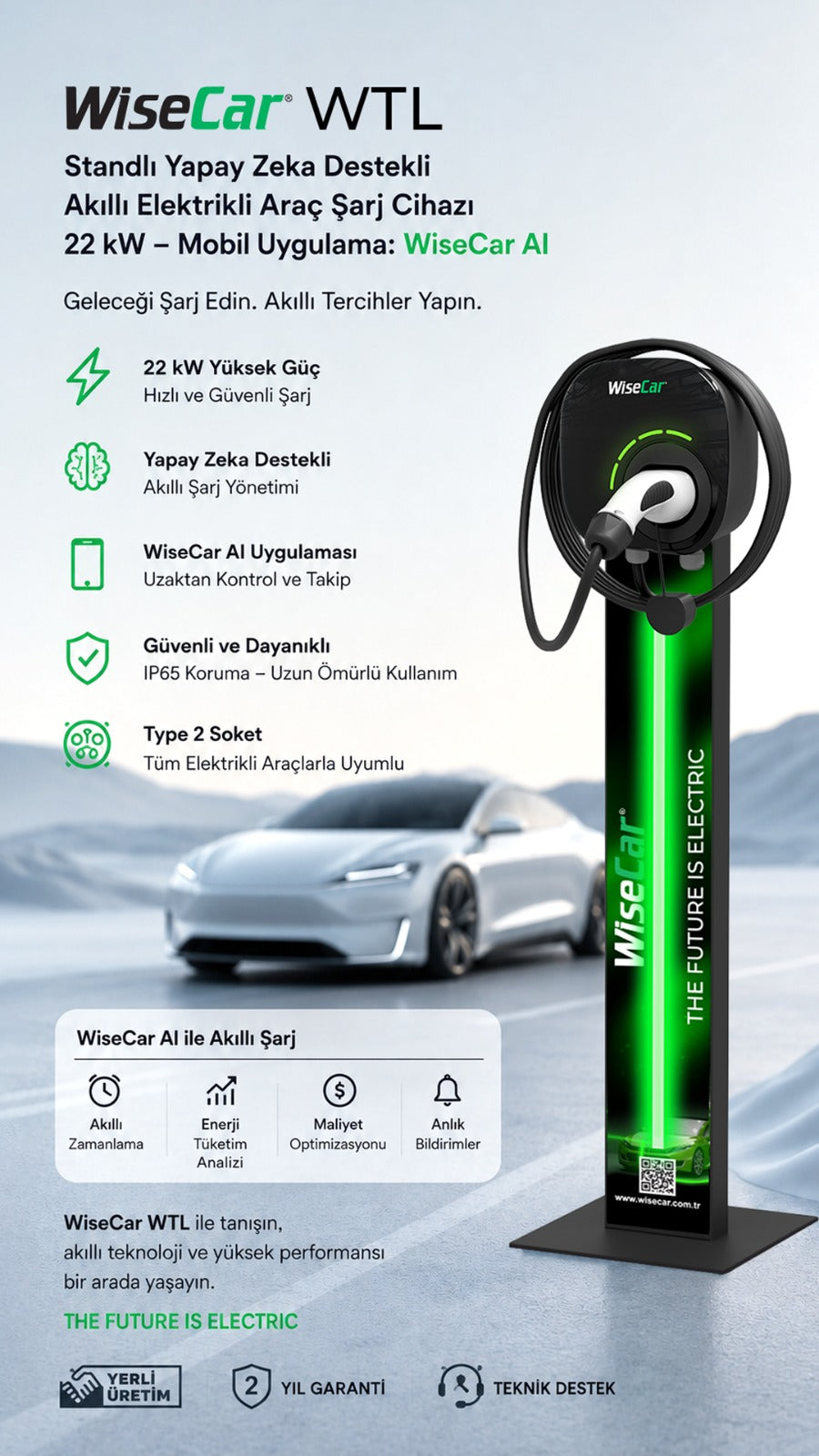 WiseCar WTL Pedestal – AI-Powered Smart Electric Vehicle Charger | 22 kW | Mobile App & WiseCar AI
