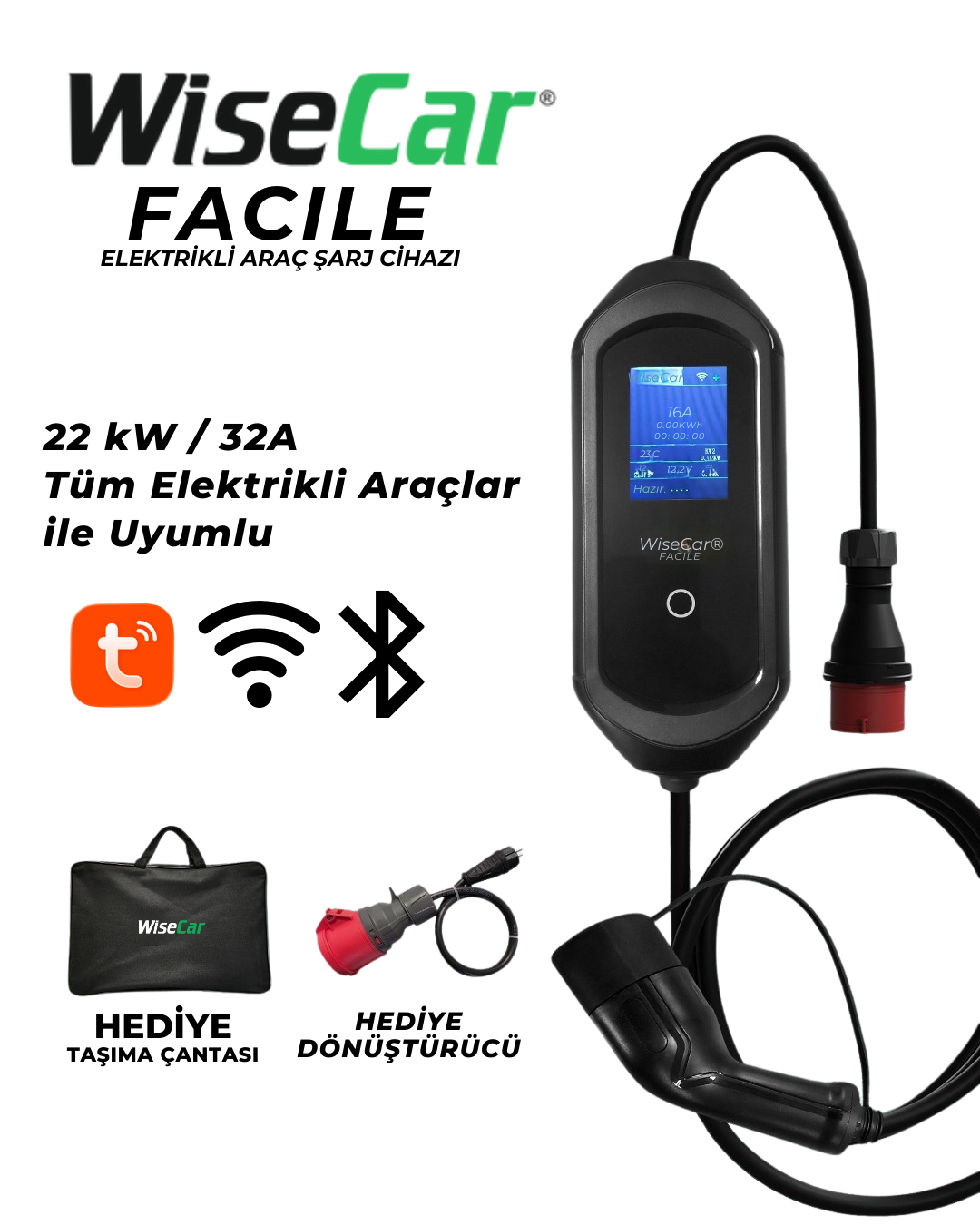 WiseCar Facile 22 kW 32A Mobil Uygulamalı Taşınabilir Elektrikli Araç Şarj Cihazı Tuya Smart WiFi + Bluetooth