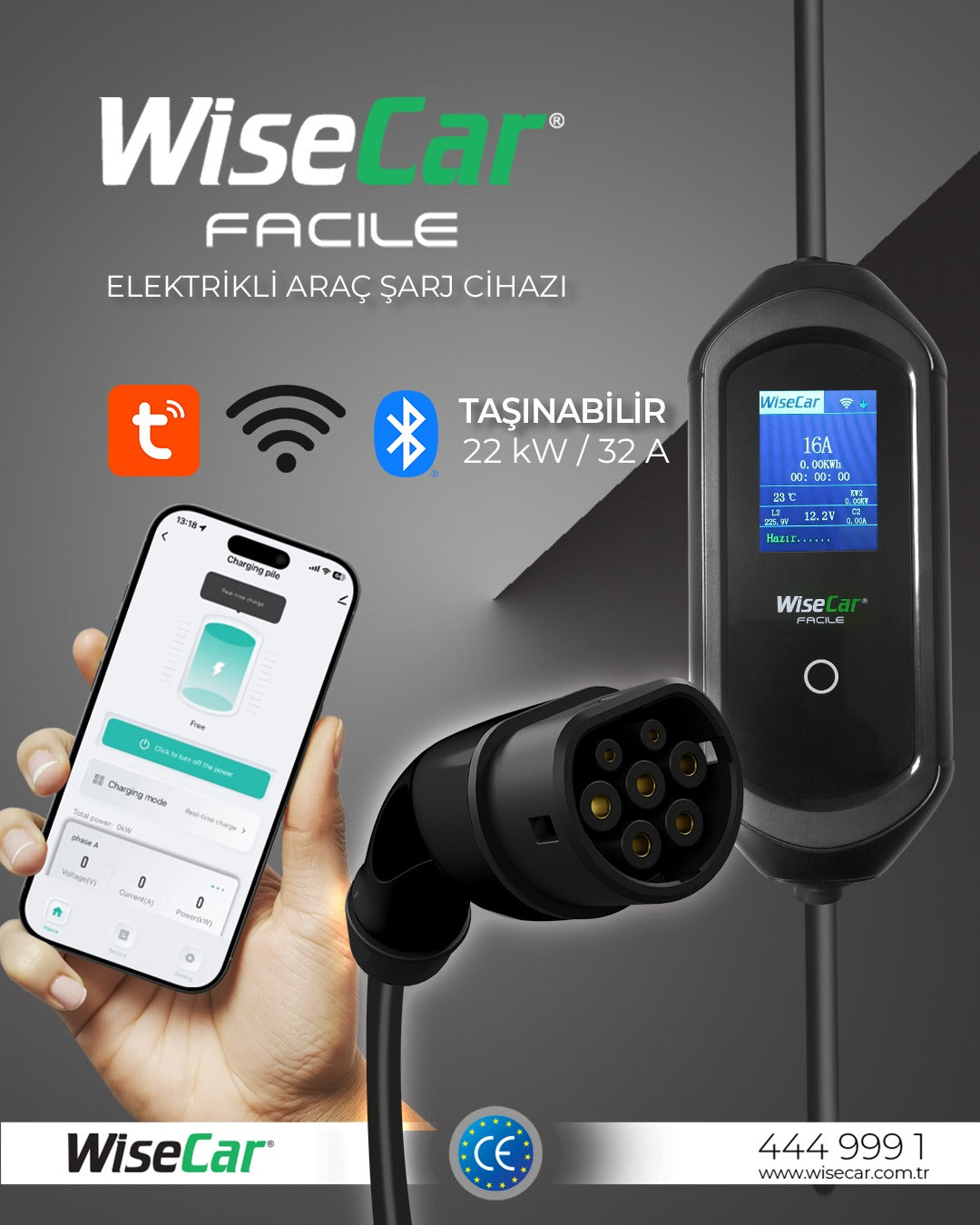 WiseCar Facile 22 kW 32A Portable Electric Vehicle Charger with Mobile App Tuya Smart WiFi + Bluetooth