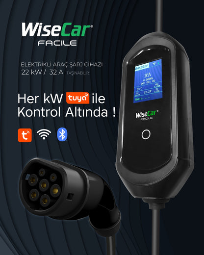 WiseCar Facile 22 kW 32A Mobil Uygulamalı Taşınabilir Elektrikli Araç Şarj Cihazı Tuya Smart WiFi + Bluetooth