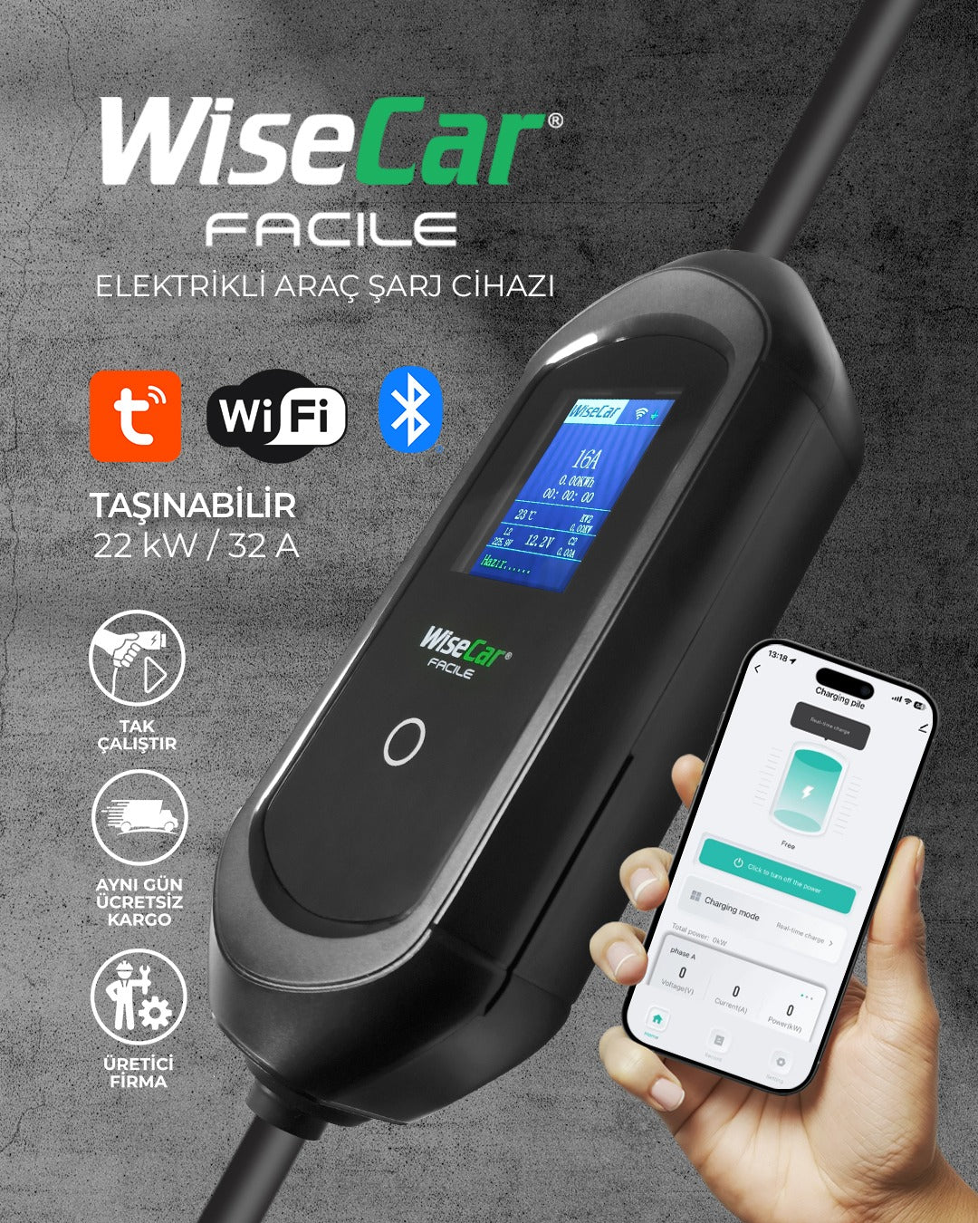 WiseCar Facile 22 kW 32A Mobil Uygulamalı Taşınabilir Elektrikli Araç Şarj Cihazı Tuya Smart WiFi + Bluetooth