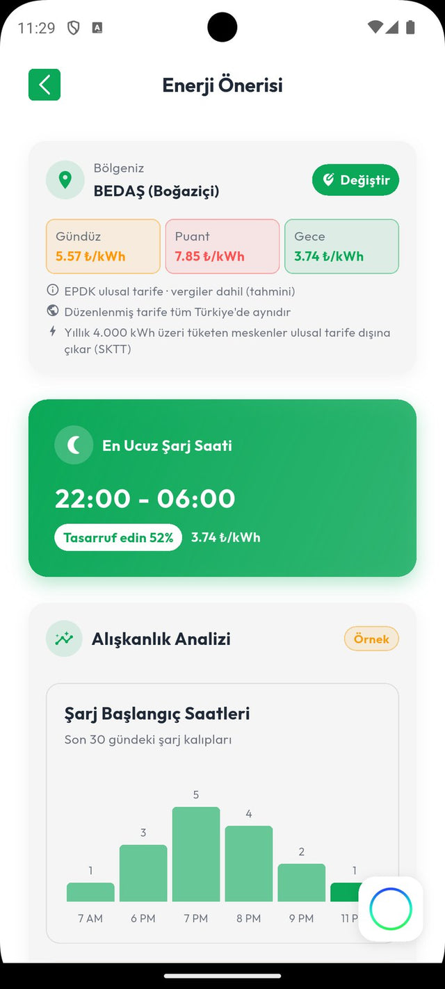Energy recommendation screen